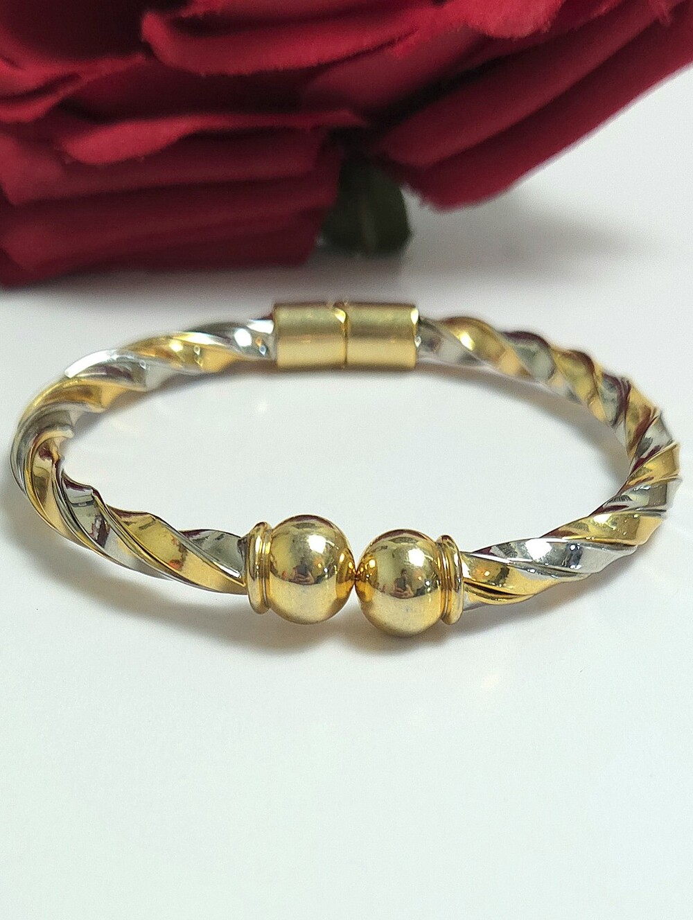 Silver & Gold Tone Twist Rope Style Hinged Bracelet Designer Style - Picture 2 of 10